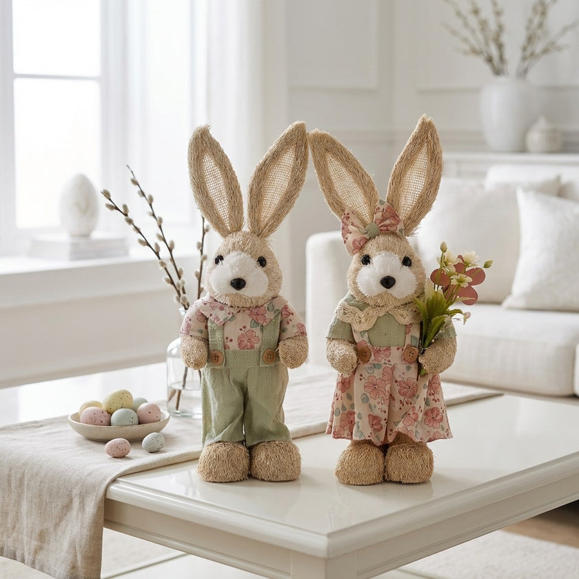 Iepuraș de Paște textil cu salopetă verde și cămașă 32cm