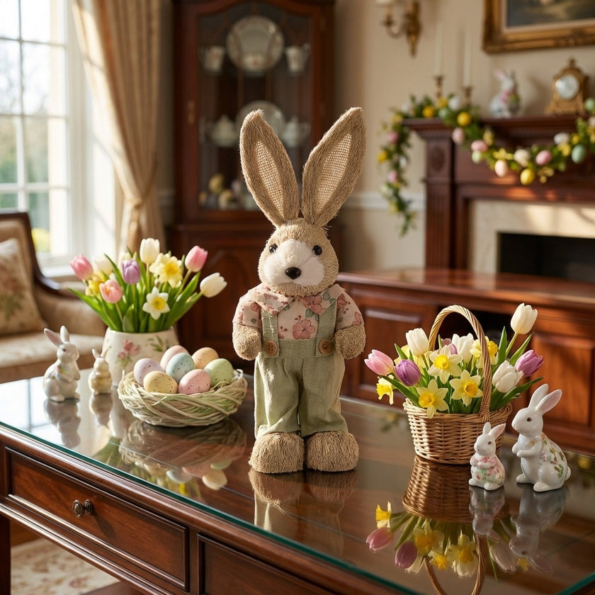 Iepuraș de Paște textil cu salopetă verde și cămașă 32cm