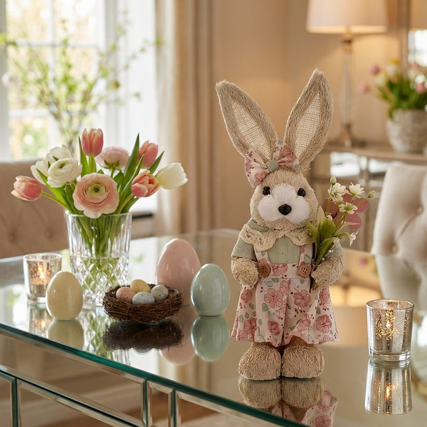 Iepuraș de Paște textil cu rochiță verde și flori 32cm