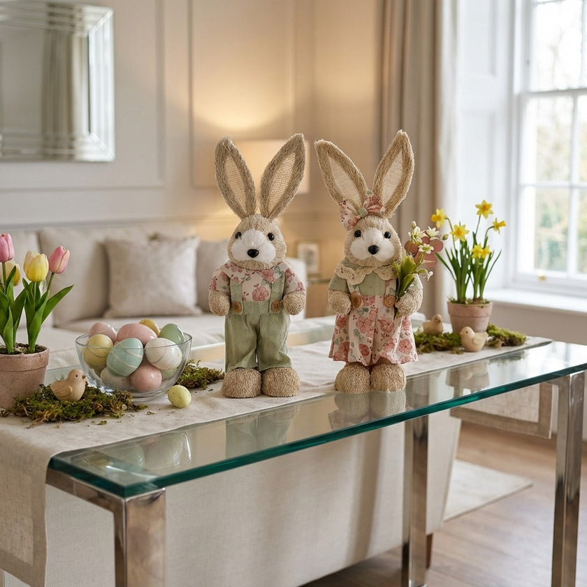 Iepuraș de Paște textil cu rochiță verde și flori 32cm