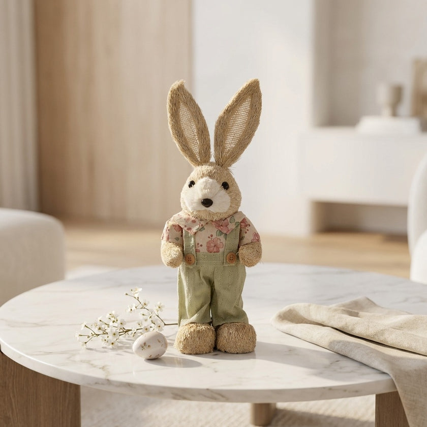 Iepuraș de Paște textil cu salopetă verde și cămașă 32cm