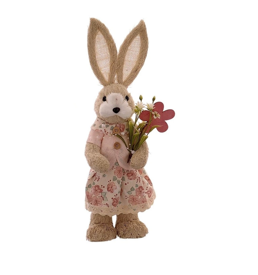 Iepuraș de Paște textil cu rochiță și flori 40cm