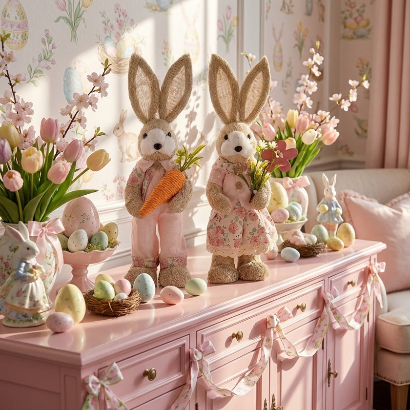 Iepuraș de Paște textil cu morcov și salopetă roz 40cm