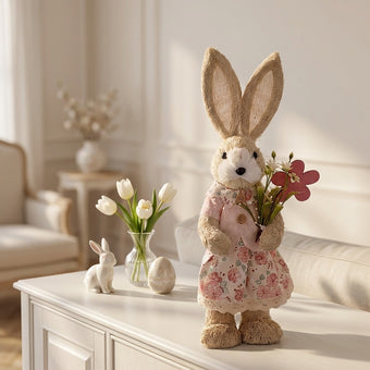 Iepuraș de Paște textil cu rochiță și flori 40cm