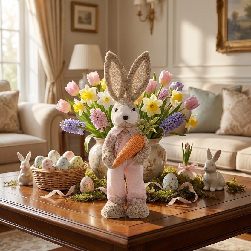 Iepuraș de Paște textil cu morcov și salopetă roz 40cm