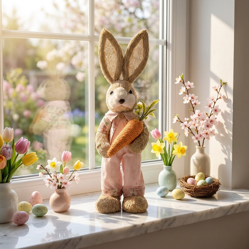 Iepuraș de Paște textil cu morcov și salopetă roz 40cm