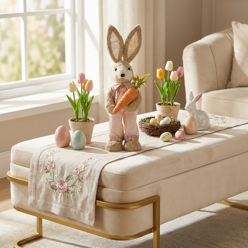 Iepuraș de Paște textil cu morcov și salopetă roz 40cm