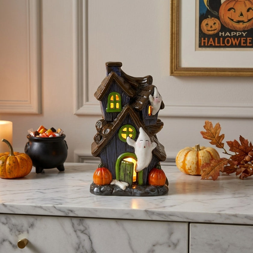Decorațiune Halloween casă cu fantome și lumini LED 17cm