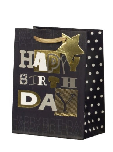 Pungă cadou Happy Birthday cu litere aurii 23cm