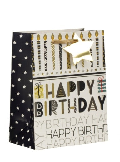 Pungă cadou Happy Birthday cu lumânări aurii 23cm
