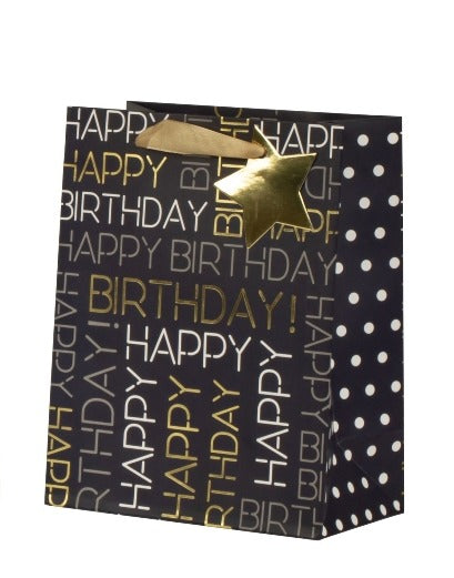 Pungă cadou Happy Birthday neagră 23cm