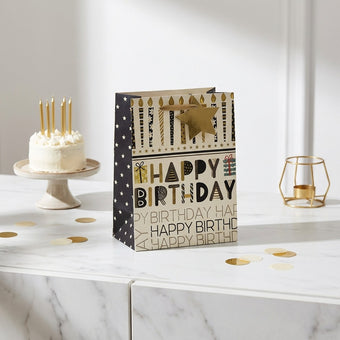 Pungă cadou Happy Birthday cu lumânări aurii 23cm