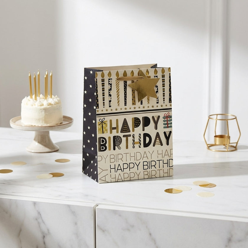 Pungă cadou Happy Birthday cu lumânări aurii 23cm
