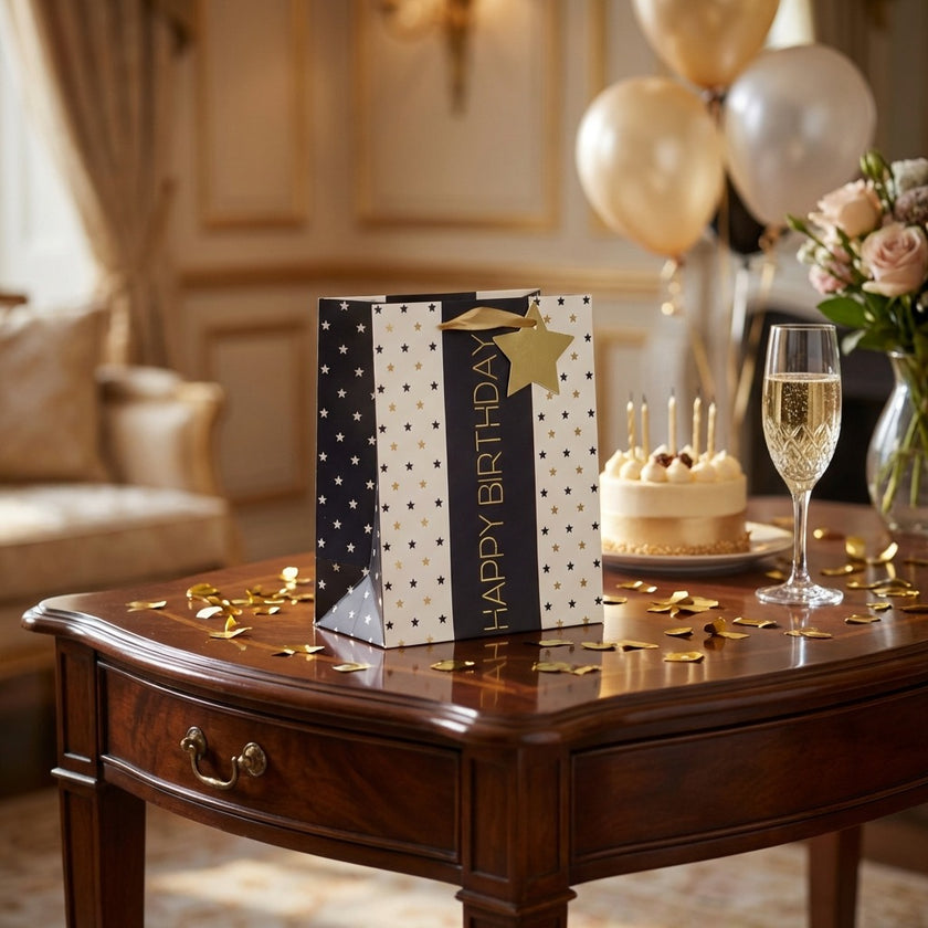 Pungă cadou Happy Birthday cu stele 23cm