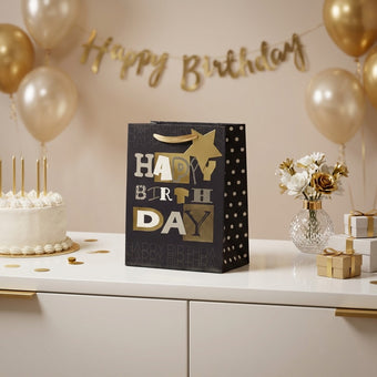 Pungă cadou Happy Birthday cu litere aurii 23cm