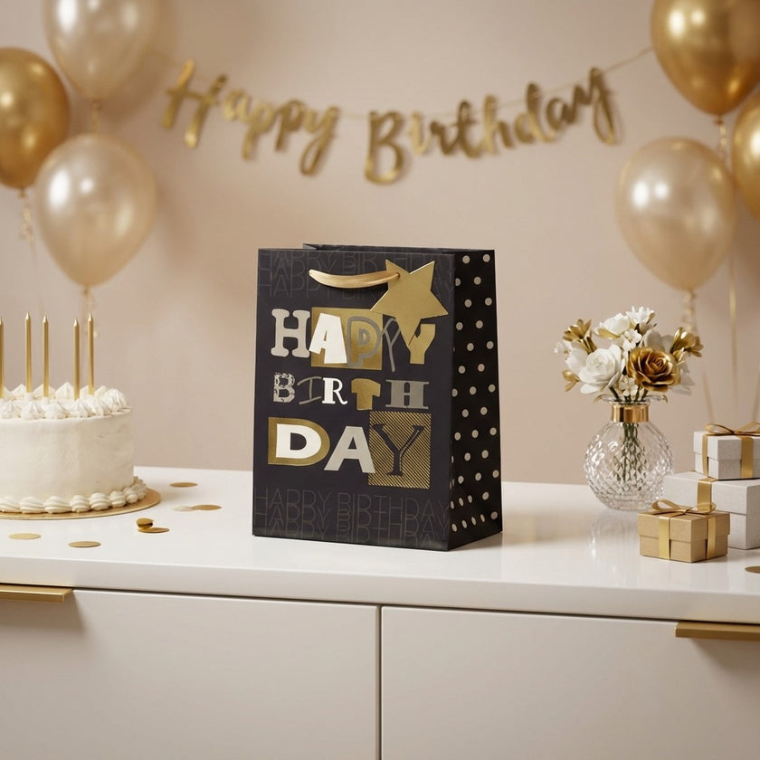 Pungă cadou Happy Birthday cu litere aurii 23cm