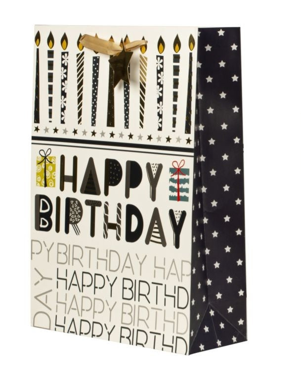 Pungă cadou Happy Birthday cu lumânări aurii 42cm