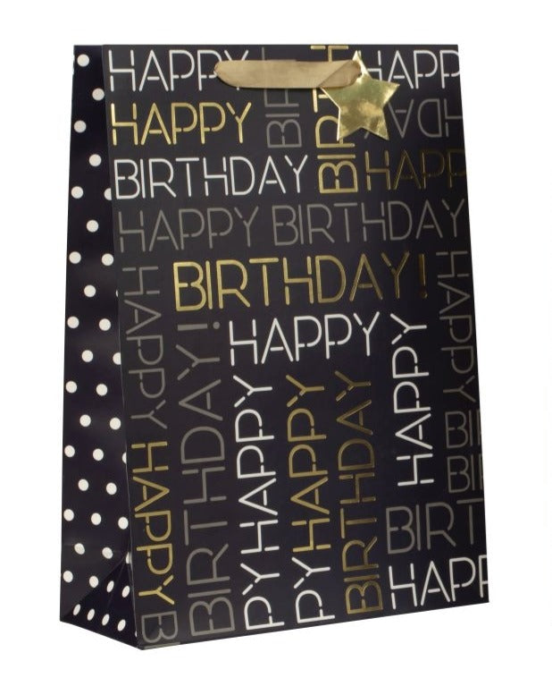 Pungă cadou Happy Birthday neagră 42cm