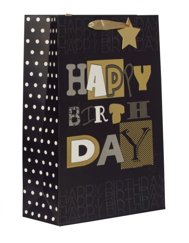Pungă cadou Happy Birthday cu litere aurii 42cm