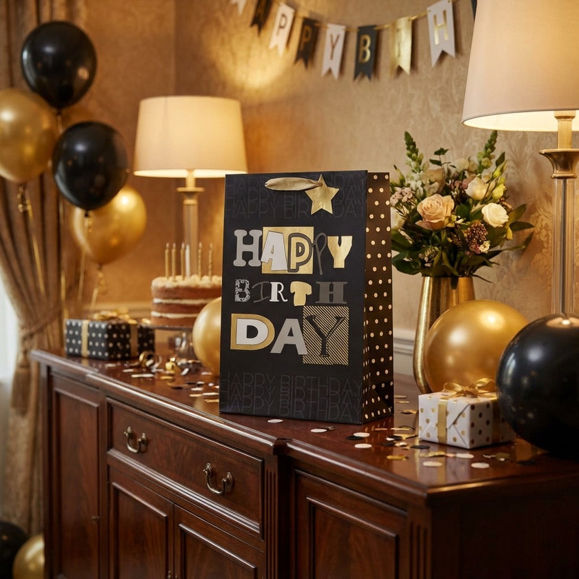 Pungă cadou Happy Birthday cu litere aurii 42cm