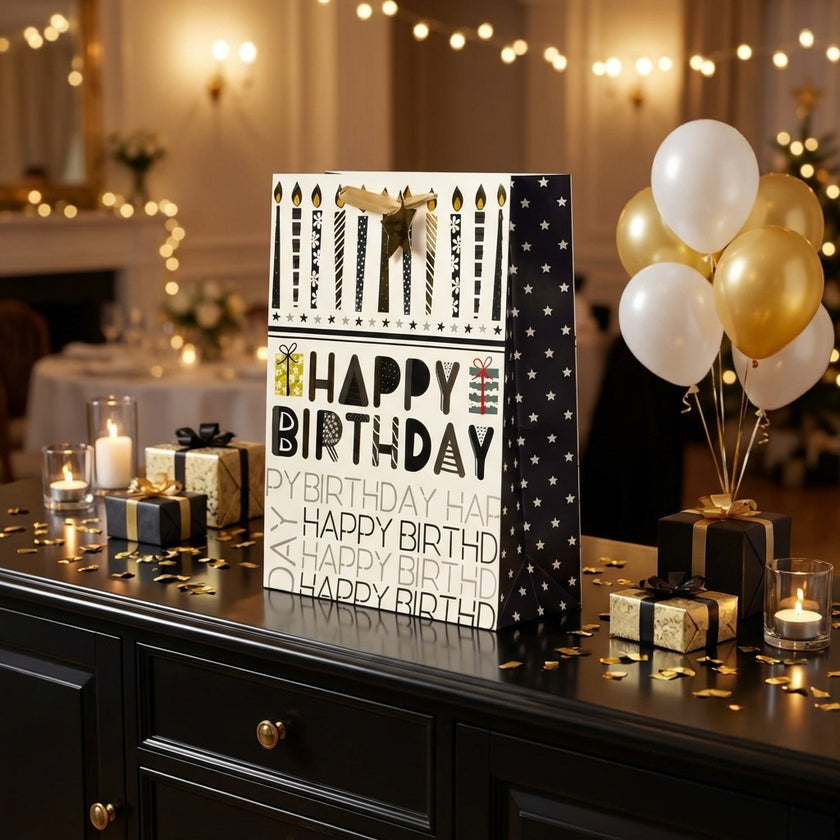 Pungă cadou Happy Birthday cu lumânări aurii 42cm