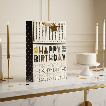 Pungă cadou Happy Birthday cu lumânări aurii 42cm
