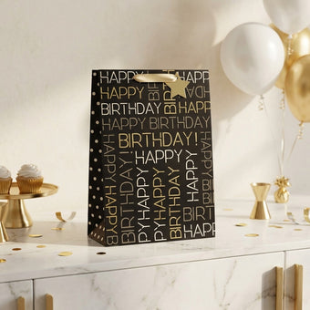 Pungă cadou Happy Birthday neagră 42cm