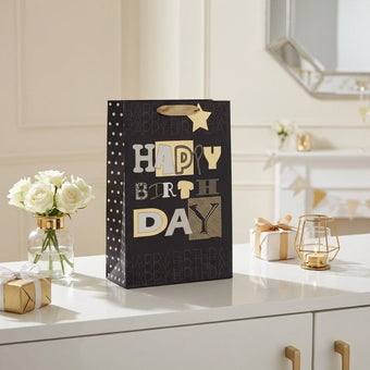 Pungă cadou Happy Birthday cu litere aurii 42cm