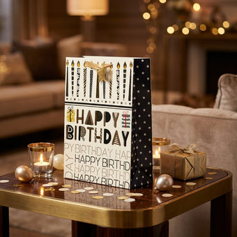 Pungă cadou Happy Birthday cu lumânări aurii 42cm