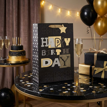 Pungă cadou Happy Birthday cu litere aurii 42cm