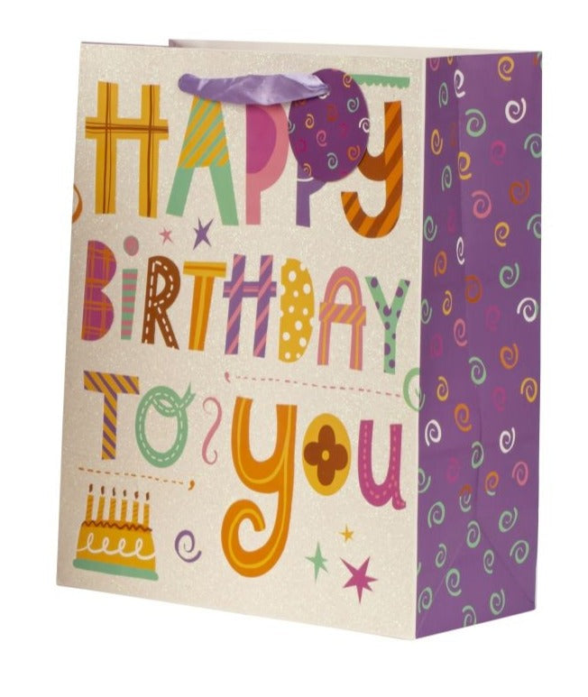 Pungă cadou Happy Birthday multicoloră cu tort 32cm