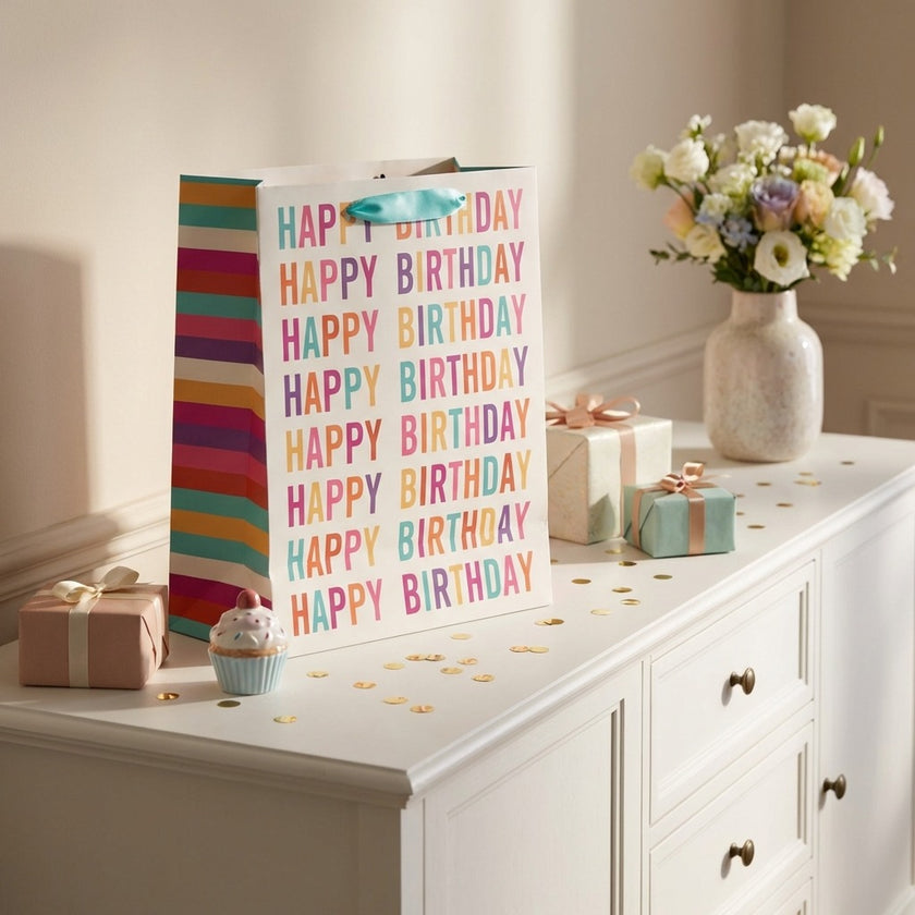 Pungă cadou Happy Birthday cu litere multicolore 32cm
