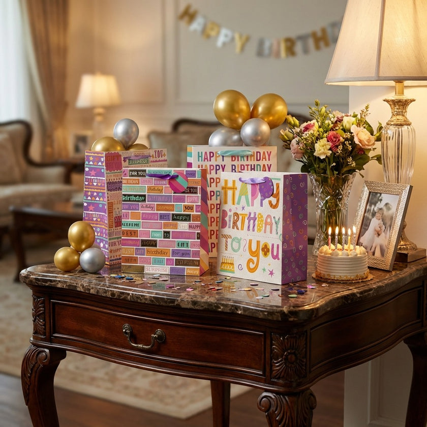 Pungă cadou Happy Birthday multicoloră cu tort 32cm