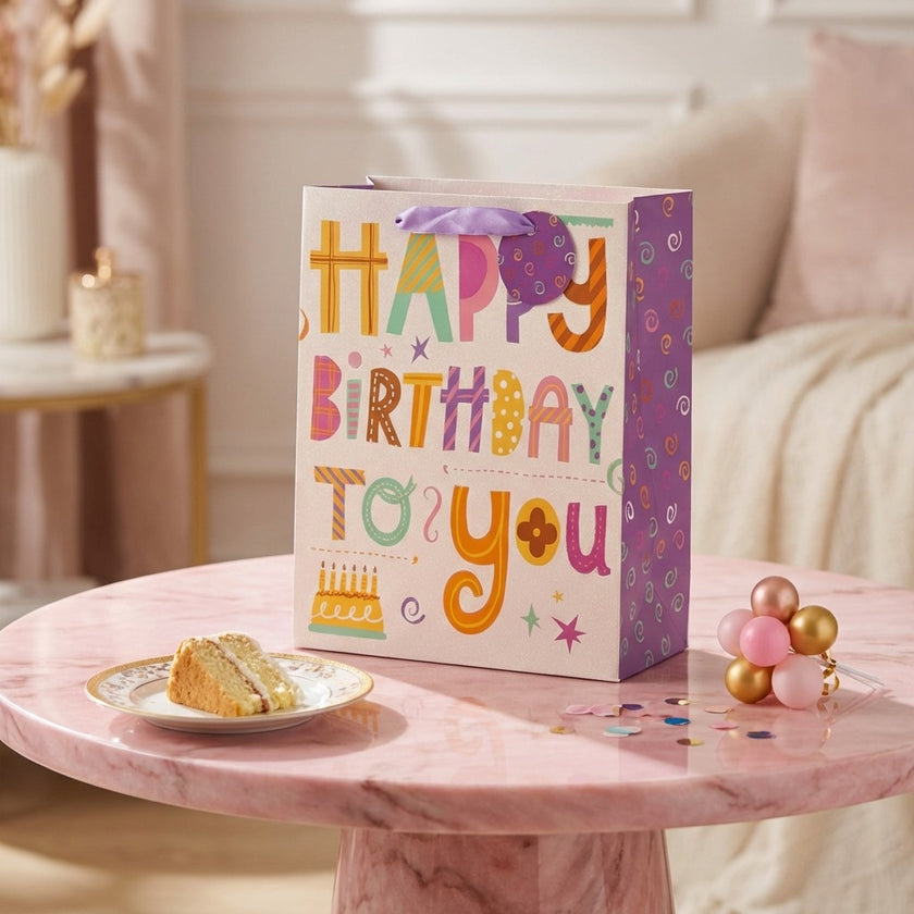 Pungă cadou Happy Birthday multicoloră cu tort 32cm