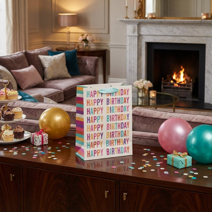 Pungă cadou Happy Birthday cu litere multicolore 32cm