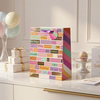Pungă cadou Happy Birthday mozaic multicolor 32cm