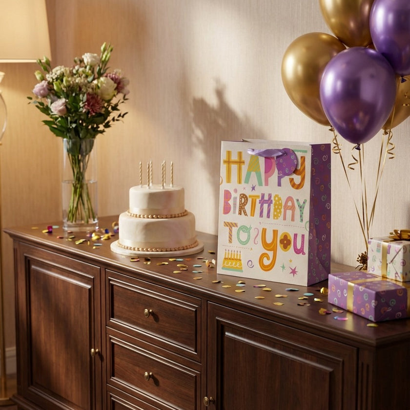 Pungă cadou Happy Birthday multicoloră cu tort 32cm