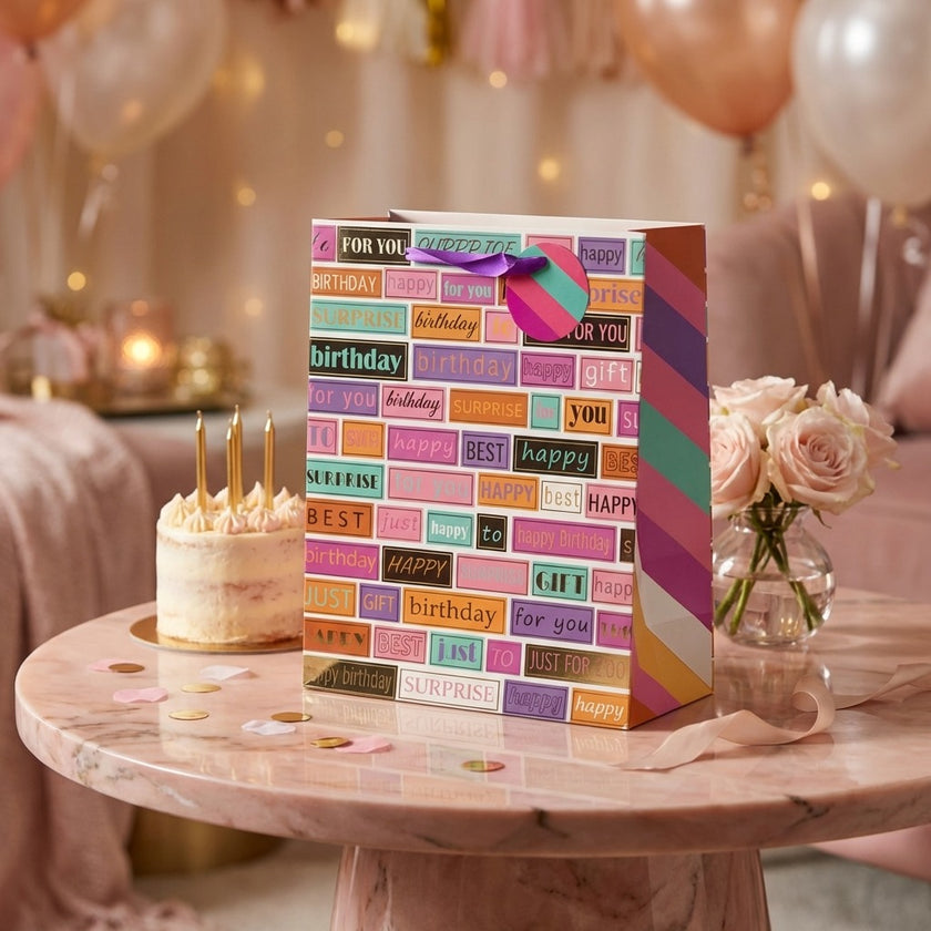 Pungă cadou Happy Birthday mozaic multicolor 32cm