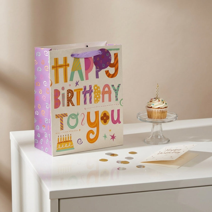Pungă cadou Happy Birthday multicoloră cu tort 32cm