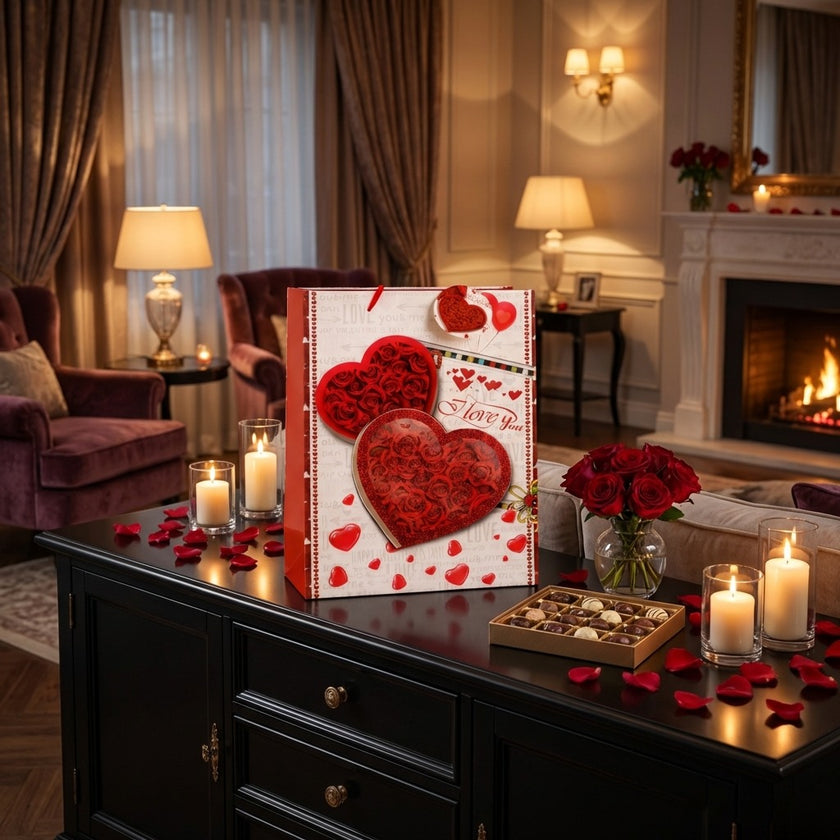 Pungă cadou Valentine's Day cu inimi și trandafiri