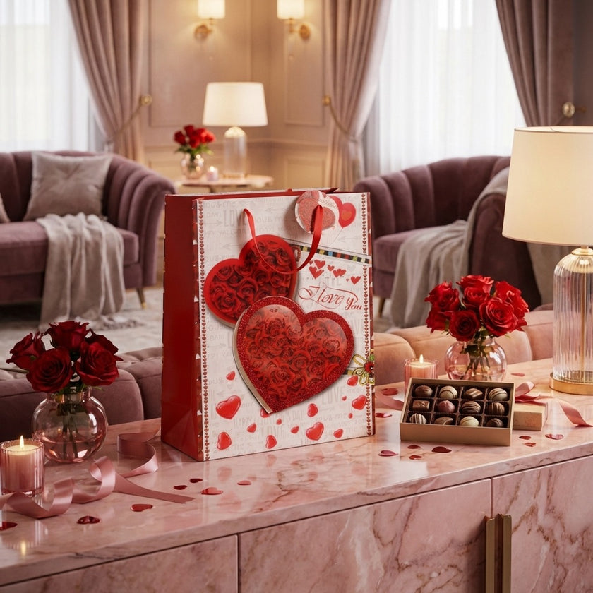 Pungă cadou Valentine's Day cu inimi și trandafiri