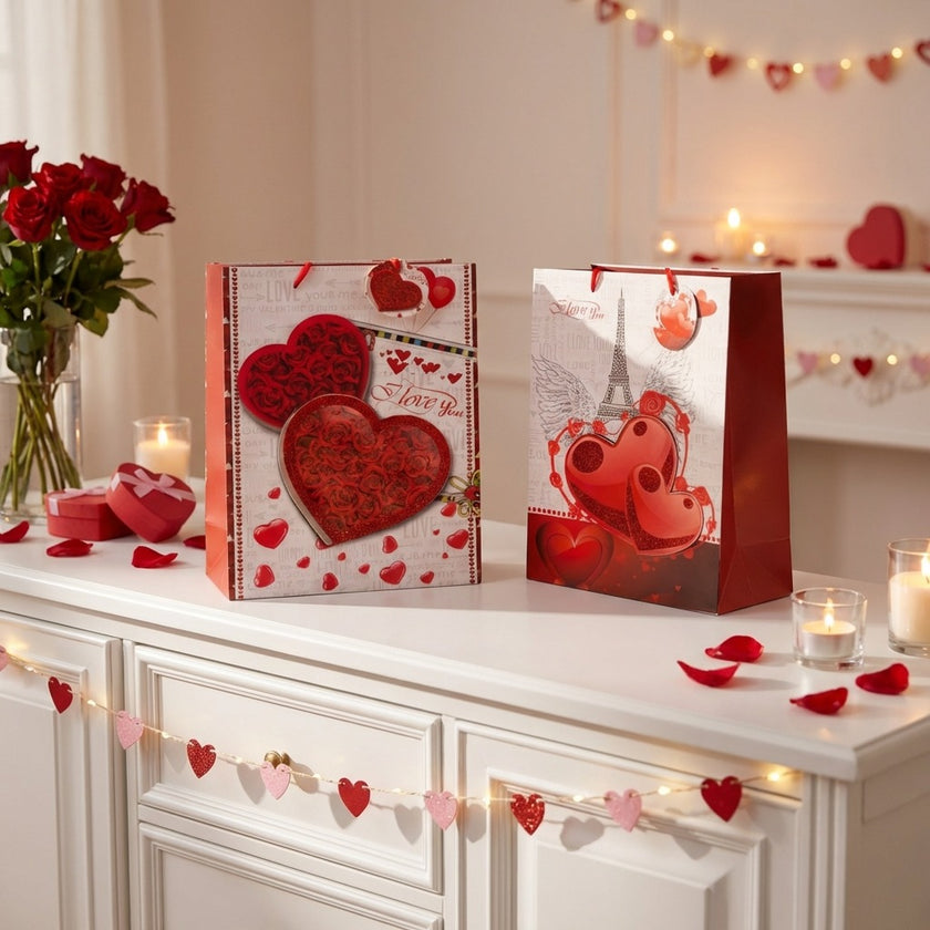 Pungă cadou Valentine's Day cu inimi și trandafiri