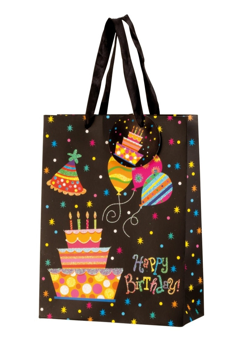 Pungă cadou Happy Birthday cu tort și baloane 24cm