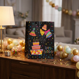 Pungă cadou Happy Birthday cu tort și baloane 24cm