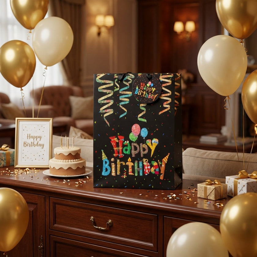 Pungă cadou Happy Birthday confeti 24cm
