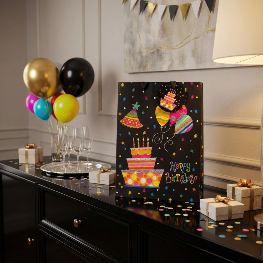 Pungă cadou Happy Birthday cu tort și baloane 24cm