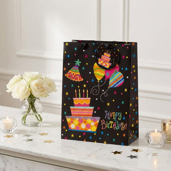 Pungă cadou Happy Birthday cu tort și baloane 24cm