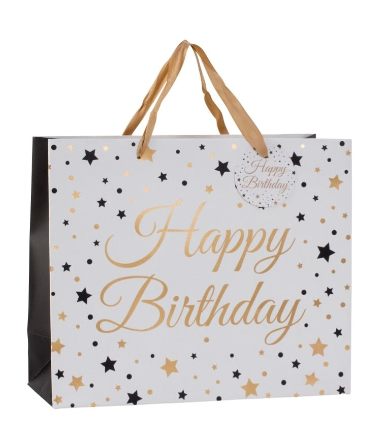 Pungă cadou Happy Birthday aurie cu stele 26cm