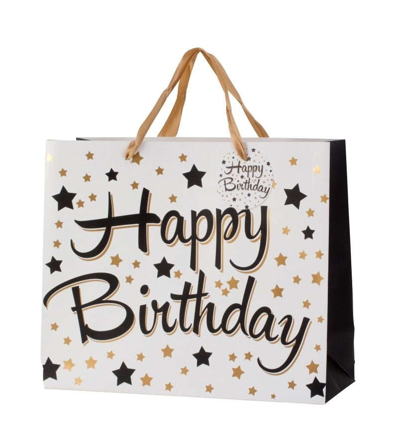 Pungă cadou Happy Birthday neagră cu stele 26cm