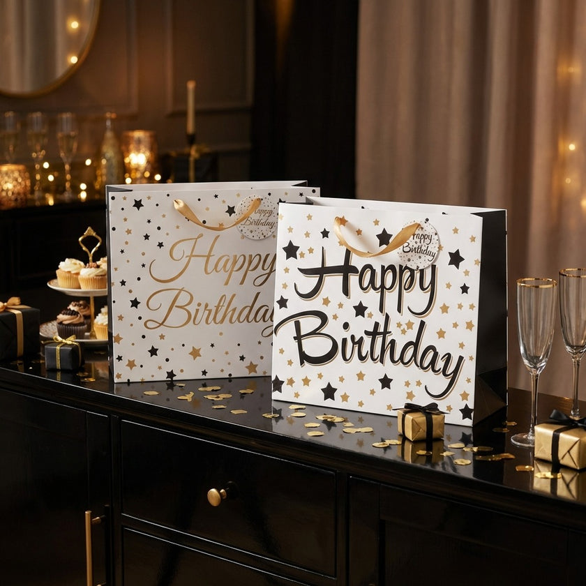 Pungă cadou Happy Birthday neagră cu stele 26cm